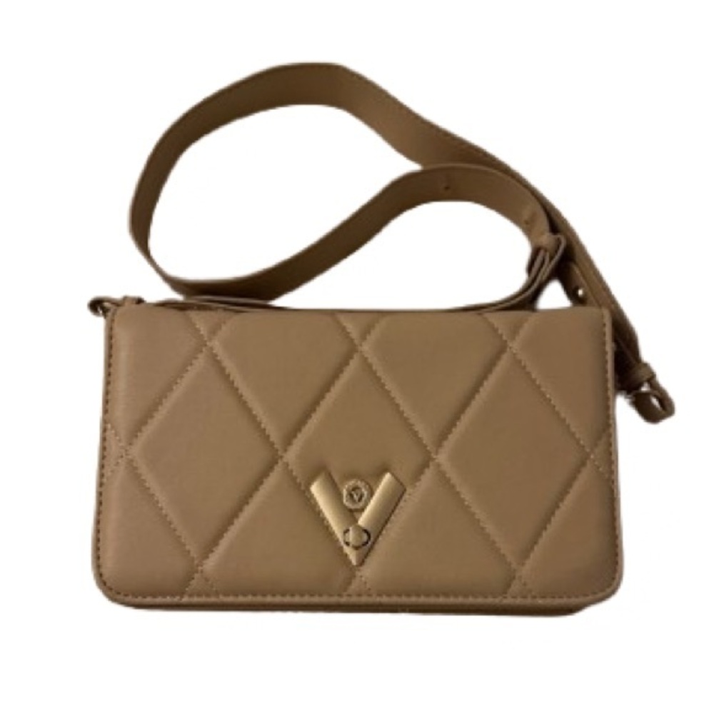 Valentino Orlandi Quilted Taupe Crossbody Gold V Logo Bag NWOT